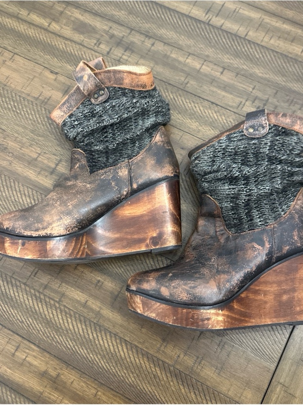 Bed Stu Distressed Brown Leather Wedge Ankle Boots with Gray Knit Cuff